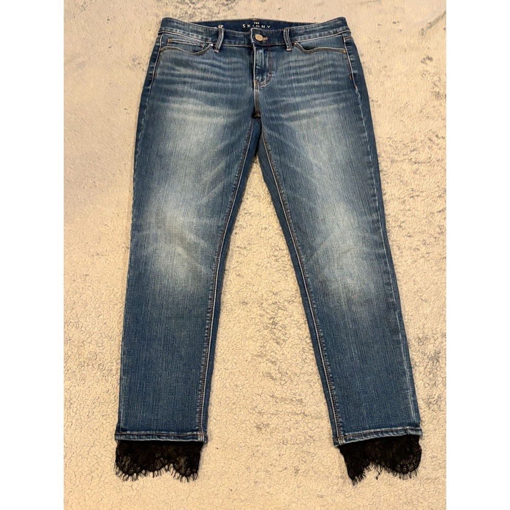 White House Black Market Jeans Womens 4P Petite Blue Lace Hem The Skinny Ankle